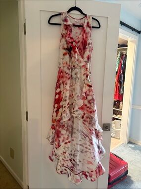 Parker 100% Silk Red and White Ruffled Maxi Dress Sz XS